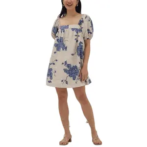 OEM Women western designs belted women linen dress New summer v-neck puff sleeve Floral dresses mini dress