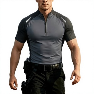 T-shirt athlétique décontracté pour homme à col montant zippé, coupe ajustée, manches courtes, séchage rapide, en Spandex/Polyester uni - Product Image 3