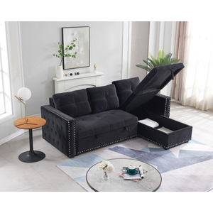 Sofá eccional con cama extraíble, sofá de <span class=keywords><strong>2</strong></span> asientos y chaise reversible con almacenamiento, ambas manos con clavo de cobre, BLCK - Product Image 6