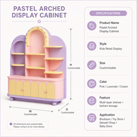 Vitrine de présentation en forme d'arche de couleur pastel avec étagères décoratives et rangement intégré pour boutique