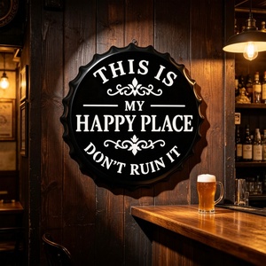 Targa in metallo a forma di tappo di bottiglia 'This Is My Happy Place Don't Ruin IT'. Decorazione divertente per bar, man cave, garage, casa. - Product Image 1