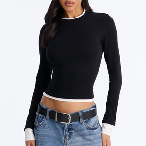 Camiseta de Manga Larga para Mujer, Diseño de Dos Piezas, Color Negro y Blanco, Corte Regular, Algodón Suave, Estilo Casual de Verano - Product Image 1