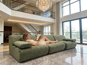 モスグリーンの優しい曲線を描くスクエア型のモダンなファミリーレジャー用ヌック、プラッシュ生地のエッジレスモジュール式取り外し可能な枕、圧縮パック入り - Product Image 4