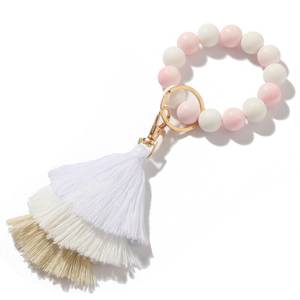 Portachiavi In Legno Personalizzabili colorato disco di perline di Legno braccialetto In Silicone braccialetto Portachiavi rotondo con nappa - Product Image 5