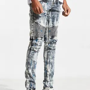 2021 New Fashion Wholesale 3D Moto Pintuck Knee Rip Denim Pant Jean Pain Splatter Jeans for Men