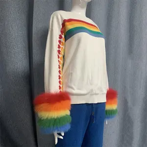 Nuova moda Plaid lavorato a maglia con polsino in pelliccia arcobaleno amo maglione da donna e da ragazza