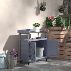 Mesa de Jardín de Madera para Exteriores, Estación de Trabajo para Jardín, Gabinete de Almacenamiento con Superficie de Aluminio y Ruedas de Goma para Patio Trasero - Product Image 2
