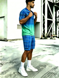 T-shirt dégradé bleu-vert à carreaux pour homme et short cargo à carreaux – Ensemble décontracté 2 pièces - Product Image 3