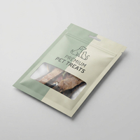 Pochette à trois soudures latérales prête à l'emploi en PET/PE laminé avec fermeture éclair refermable et trou de suspension pour l'emballage et la vente au détail de friandises pour animaux de compagnie