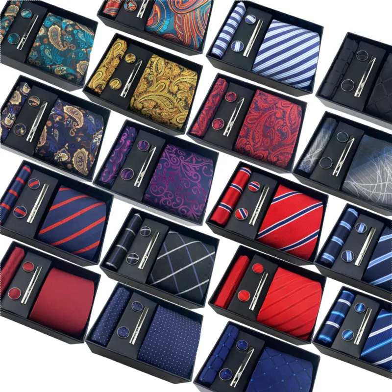 Dasi Pria Garis Klasik dan Set Sapu Tangan Dasi Kustom dengan Saku Kotak Dasi Klip Saku Persegi dan Manset Set Dalam Kotak Hadiah