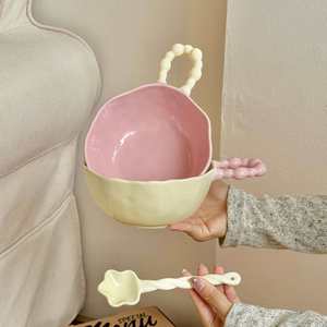 Ins Style Sugar Bean Underglaze Color Ceramic Handle <b>Microwave</b> Safe Modern Minimalism Personal Tableware Rice Noodle Soup Bowls - Product Image 3