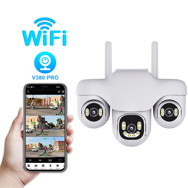 Triple Lens 3 PTZ Outdoor Security Network IP Camera WiFi Ethernet Outdoor Indoor Security Camera Two-Way Audio Human Detection