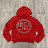 Sweat à capuche rouge délavé personnalisé pour homme avec motif graphique cercle de lettres en strass, style streetwear, usine OEM ODM