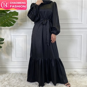 65310# New Smooth <b>Printing</b> Satin Peplum Abaya Dress Loose Large Hem Black Abaya Dresses <b>Islamic</b> Clothing Muslim Women - Product Image 2