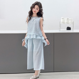 Ensemble élégant brodé sans manches avec pantalon large pour <span class=keywords><strong>grande</strong></span> fille – <span class=keywords><strong>Tenue</strong></span> décontractée estivale pour l'école et le quotidien - Product Image 4