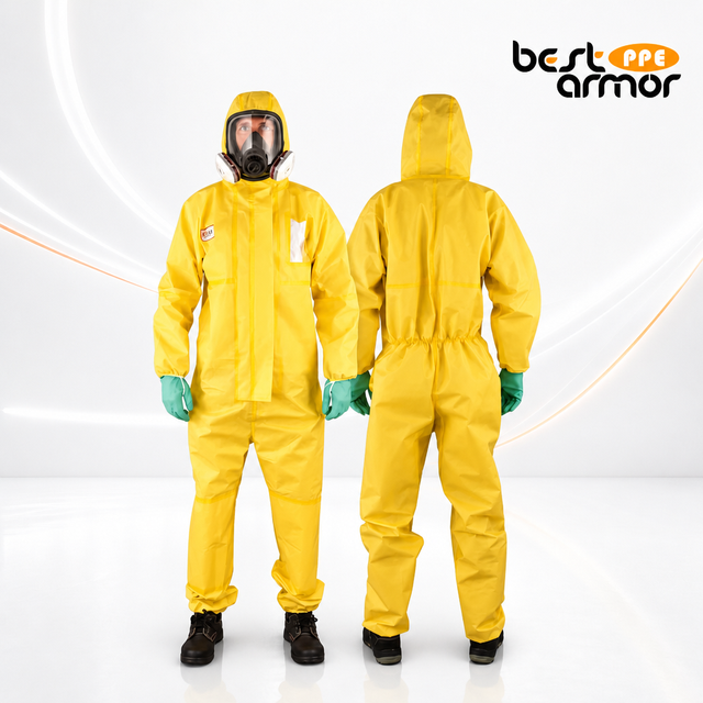 Advanced Yellow Hazmat Suit Showcasing Liquid-Tight Type 3 4 Protection and Heat-Sealed Seams Disposable Chemical Safety Gear