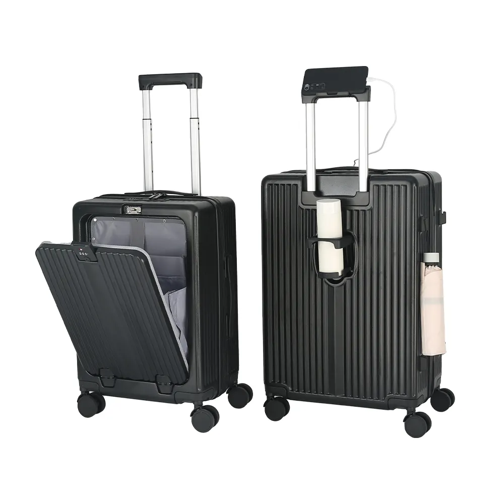 Wholesale Multifunction Front Open Luggage with Laptop Cup Holder USB Charging Port Trolley Travel Suitcase