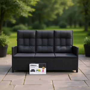 Adjustable Armrest 3 Seater <b>Garden</b> <b>Bench</b> Black Poly Rattan Patio Furniture Outdoor Modern Design - Product Image 2