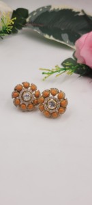 Boucles d'oreilles en forme de fleur, bijoux en argent 925, boucles d'oreilles en corail avec pierres orange et cristaux disposés dans un motif floral, ensemble - Product Image 6