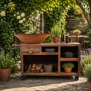 Grill d'extérieur multifonctionnel de Noël en acier Corten à bois, fourni par l'usine, avec <span class=keywords><strong>plancha</strong></span> intégrée - Product Image 1