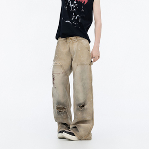 Jeans para <span class=keywords><strong>Hombre</strong></span> de Marcas de Moda con Acabados Desgastados y Diseños con Efecto de Tinta Pintada, Estilo Cabaña, Pantalones Rectos de Pierna Ancha - Product Image 3