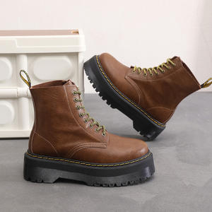 Bottes courtes à semelle épaisse 8 trous pour femme, style britannique, en cuir véritable marron, à lacets, confortables, à talon moyen, pour l'hiver, style européen et américain - Product Image 3