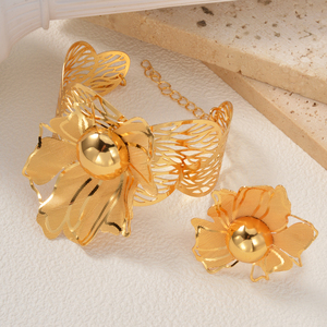 oversized hollow floral copper bulk wholesale 18k gold plated designer <b>bangle</b> bracelet matching fashion jewelry ring <b>set</b> - Product Image 1