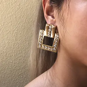 HOVANCI Personalized Geometric Metal Rhinestone Earrings Vintage Rectangle Huggie Earrings Women Jewelry
