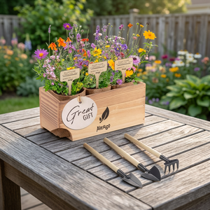 Large Eco-friendly Indoor <b>Gardening</b> <b>Kit</b> Wildflower Mix Bamboo Burlap- Planters Wooden Box Country Farmhouse Design Flowers - Product Image 3