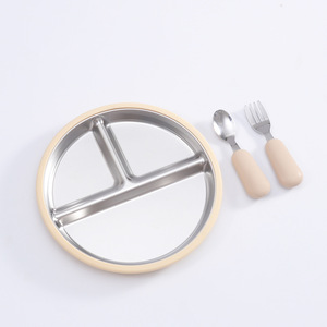 8" Stainless Steel Divided <b>Toddler</b> <b>Plate</b> Kids Steel <b>Plates</b> with Suction <b>Toddler</b> Stainless Steel <b>Plate</b> with Silicone Sleeve Bebe - Product Image 1