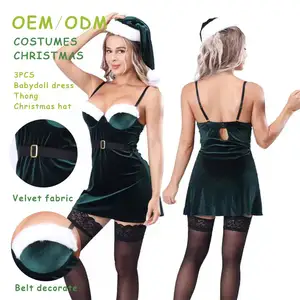 Custom women sexy underwear Father Christmas green velvet dress push-up mould cup and thong cosplay costumes sexy women