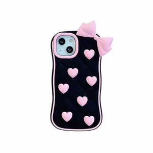new arrival Silicone Shell Black Bottom Pink Love Bow phone case for iPhone14 13 12promax