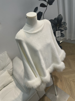 Cardigan poncho en tricot plat coréen pour femme avec bordure en vraie fourrure de renard blanc – Collection Hiver Boutique