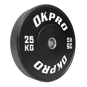 Okpro Fabriek Direct Op Maat Gemaakte Logo Fitnessapparatuur Zwart Rubber Barbell Gewicht Bumperplaten Voor Gewichtheffen Vrije Gewichten