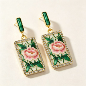 Orecchini Smaltati a Forma di Rosa con Foglia Verde, Design Floreale, Accessori di Moda per Donne - Product Image 2
