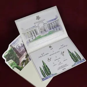 Convite de casamento de capa dura de luxo personalizado com logotipo de folha de ouro impresso em envelope colorido com fotos