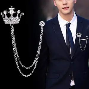 Crystal Crown Hanging Chain Brooch Suit Pin,Vintage Gold Crown Brooch Suit Stud Shirt Studs Lapel Pin Accessories for Men Women