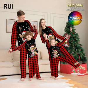 RUIQUWIN 2026 Spring New <b>Christmas</b> Matching <b>Family</b> <b>Pajamas</b> Set Deer Cartoon Print Plaid Long Sleeve Woven Elastic Waist Front - Product Image 1
