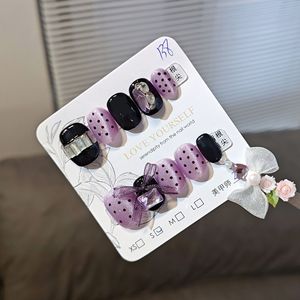 <span class=keywords><strong>Uñas</strong></span> Postizas Acrílicas Reutilizables <span class=keywords><strong>con</strong></span> Diseño de Ojo de Gato Morado, Cuadradas y <span class=keywords><strong>Cortas</strong></span>, <span class=keywords><strong>con</strong></span> Puntos Negros y Adornos de Lazo de Cristal, para un Estilo Atrevido y Romántico - Product Image 3