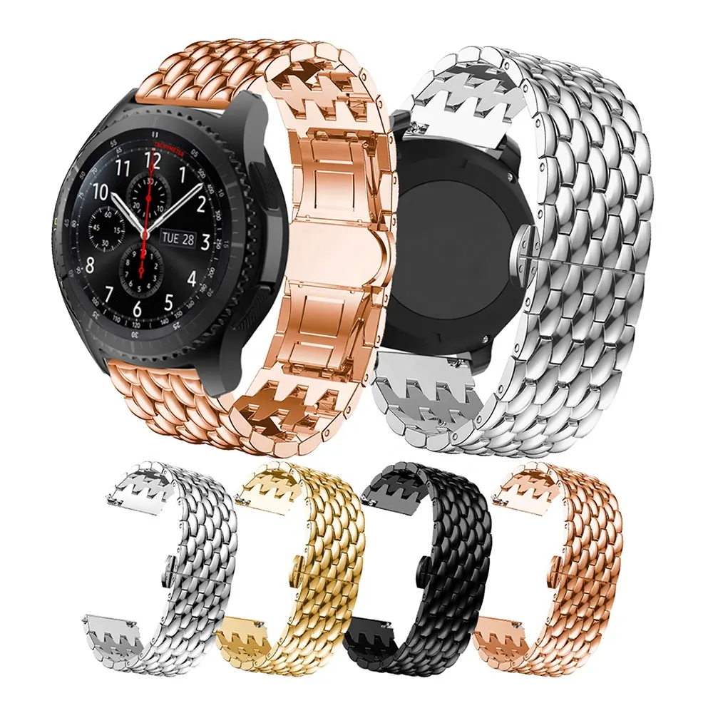 Gelang baja tahan karat 22mm untuk jam tangan Samsung Gear S3 Frontier Galaxy 46mm gesper kupu-kupu tali jam tangan logam pola naga