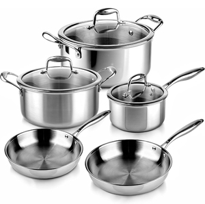 Ensemble de 8 ustensiles de cuisine en acier inoxydable triple couche sans revêtement, comprenant casserole, pot à lait, poêle à frire et faitout - Product Image 1
