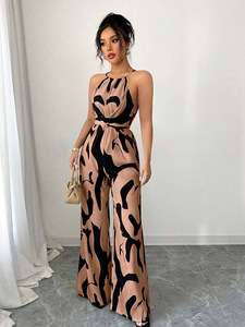Mono de Mujer con Cordón Ajustable en la Cintura, Estampado, sin Mangas, Estilo Primavera, Pierna Ancha, Elástico en Cuatro Direcciones, Gran Venta - Product Image 4