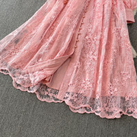 Robe décontractée élégante rose en dentelle brodée pour femme, coupe trapèze, manches longues, col en V, avec ceinture, idéale pour les soirées