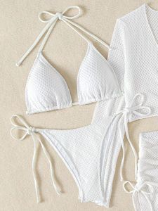 Nuevo Conjunto de Traje de Baño de Cuatro Piezas de Color Sólido para Mujer, Collares Sexys para Chicas, Faldas Cortas Ajustadas, Bikinis, Traje de Baño Blanco para Novia - Product Image 3