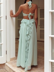 Vestido de Fiesta Largo para Mujer, Estilo Boho Vintage, con Aberturas, Sin Mangas, con Lazos en la Espalda, Color Sólido, con Volantes, para Primavera y Otoño - Product Image 4