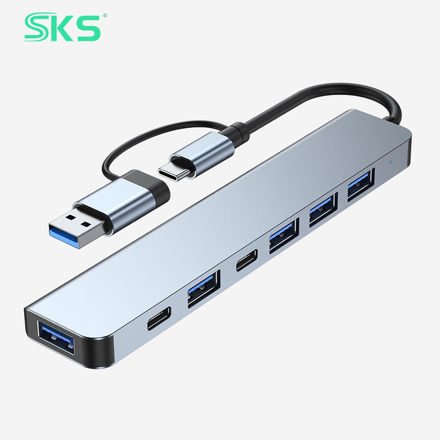 Portable 7 in 1 USB Hub Dock 4 USB 2.0 Ports Dual USB a to Type-C PD Connectors-Fast Charging IOS Printer Compatible