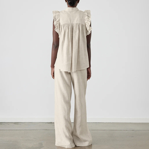 Sólido abotonado volante gorra mangas camisa y cintura alta pantalones de pierna ancha algodón <span class=keywords><strong>2</strong></span> piezas conjunto Patalon Et Haut Pour Mujer Dame - Product Image 2
