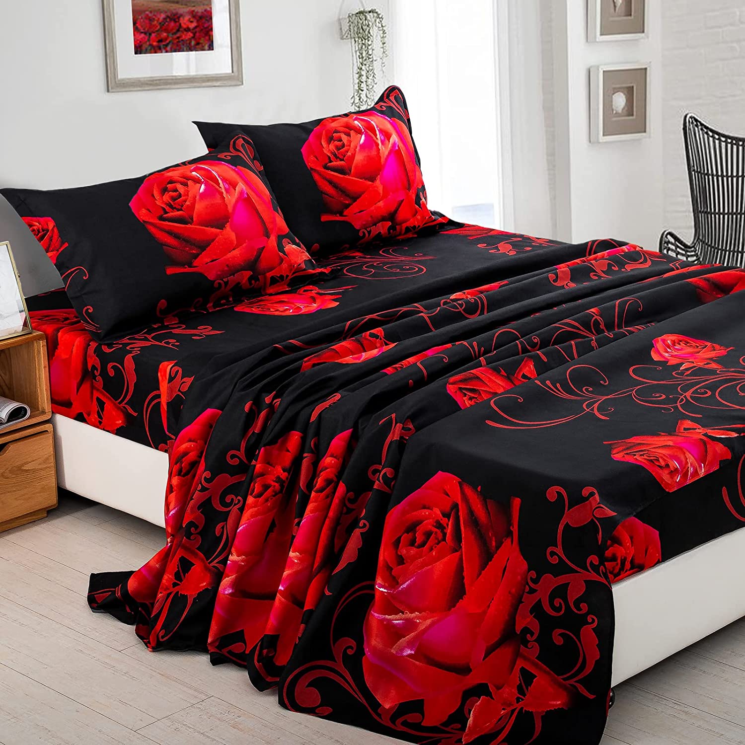 Hot Selling 4 Pieces Soft Microfiber Red Rose Bedding Sheets All-Season Floral Bed Sheet for Queen Bed