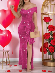 2025 estate abito da donna Sexy con spalle scoperte a manica corta asimmetrica con strass in Glitter abiti da festa - Product Image 5