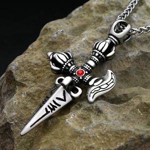yunnique Men's Stainless Steel <b>Cross</b> Pendant Necklace With Red Stone And Sword Design For Punk Fashion - Product Image 1